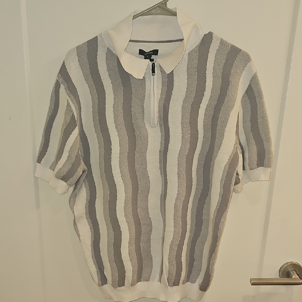 Alfani Gray and White Striped Polo Shirt